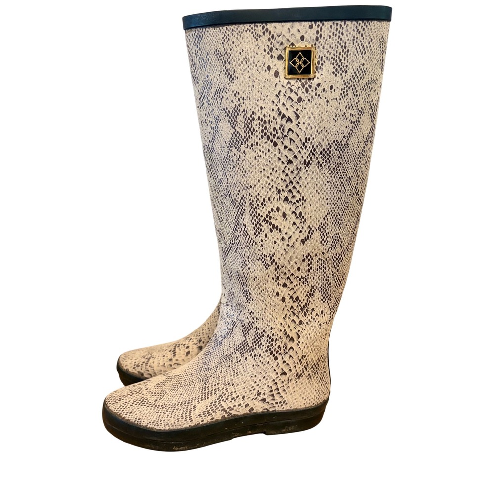 Dav Snakeskin Print luxury Tall Rain Boot Cream Black Python Waterproof Lug Sole